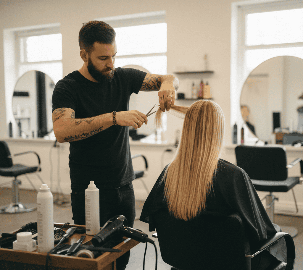 Professional hairstylist cutting client hair in modern salon workspace